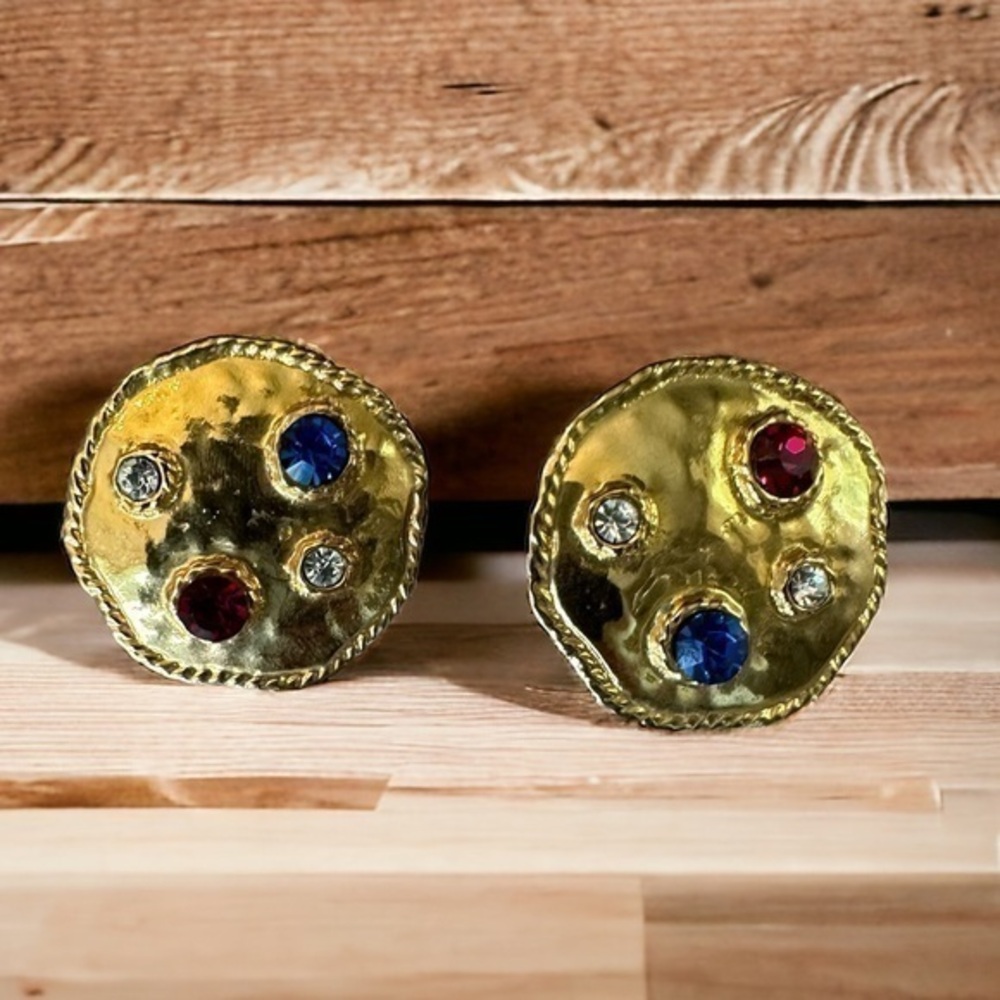 Vintage Pierced Earrings - Gold Tone - Red, Blue and CZ Stones